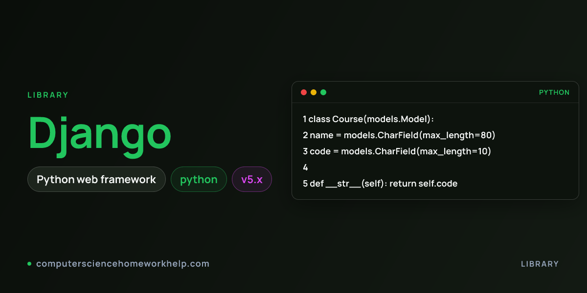 Django hero visual showing the library name and an idiomatic code snippet