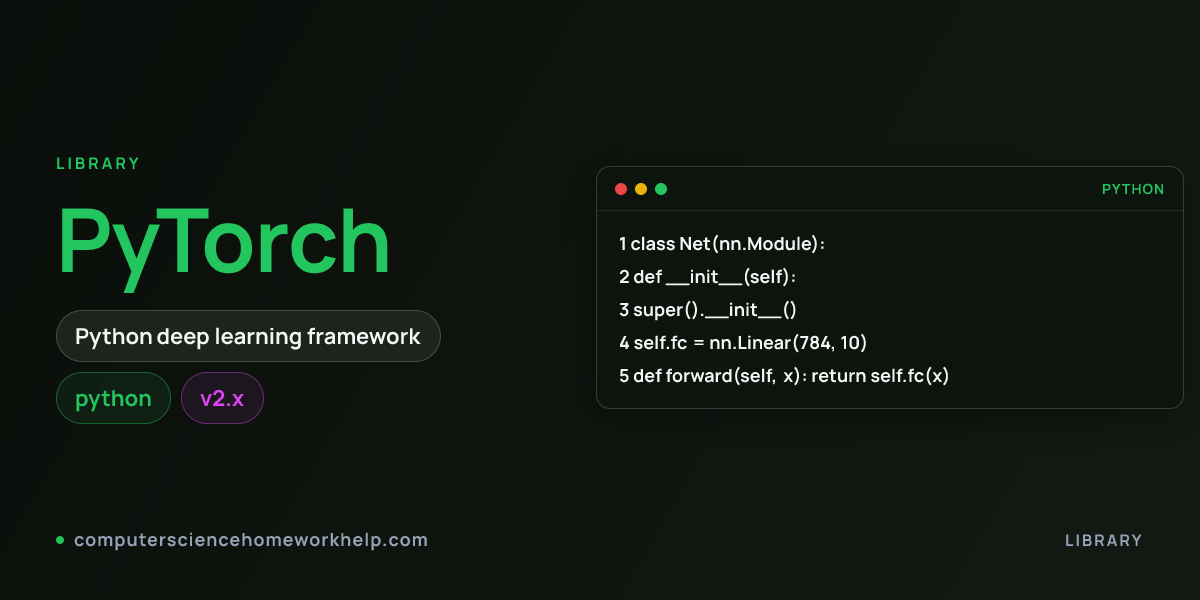 PyTorch hero visual showing the library name and an idiomatic code snippet