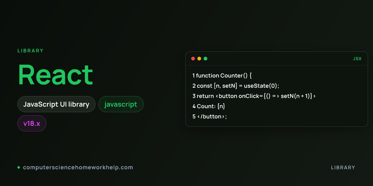 React hero visual showing the library name and an idiomatic code snippet