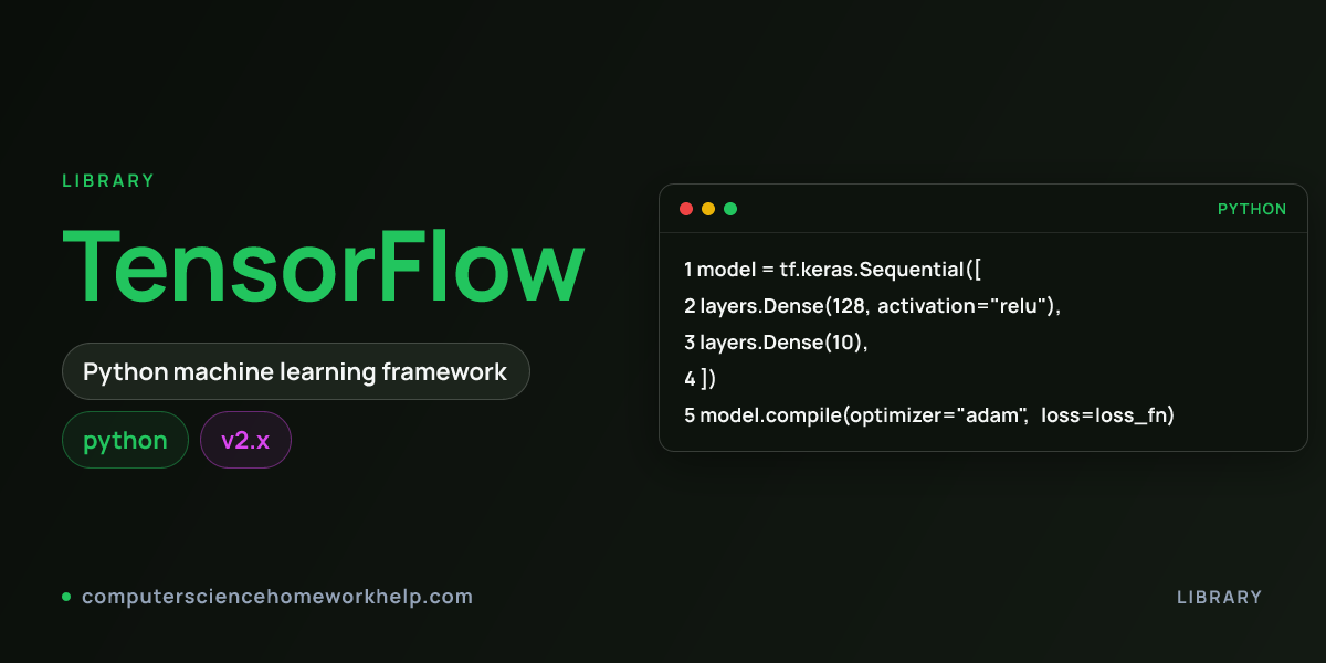 TensorFlow hero visual showing the library name and an idiomatic code snippet